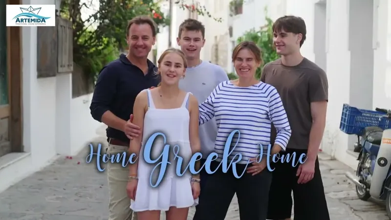 A family in a Skiathos lane, from the Artemida video